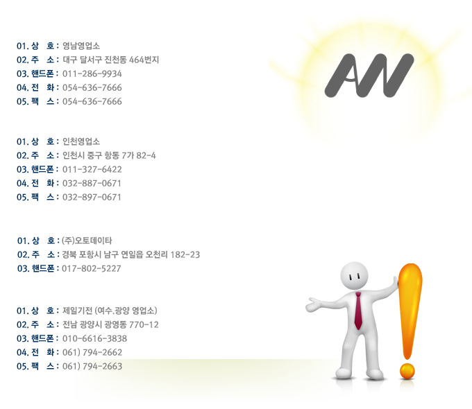
01. ��ȣ : ����������
02. �ּ� : �뱸 �޼��� ��õ�� 464����
03. �ڵ��� : 011-286-9934
04. ��ȭ : 053-636-7666
05. �ѽ� : 053-636-7666

01. ��ȣ : ��õ������
02. �ּ� : ��õ�� �߱� â�� 7�� 82-4
03. �ڵ��� : 011-327-6422
04. ��ȭ : 032-887-0671
05. �ѽ� : 032-897-0671

01. ��ȣ : (��)���䵥��Ÿ
02. �ּ� : ��� ���׽� ���� ������ ��õ�� 182-23
03. �ڵ��� : 017-802-5227

01. ��ȣ : ���ϱ��� (���������� ������)
02. �ּ� : ���� ����� ������ 770-12
03. �ڵ��� : 010-6616-3838
04. ��ȭ : 061-794-2662
05. �ѽ� : 061-794-2663

